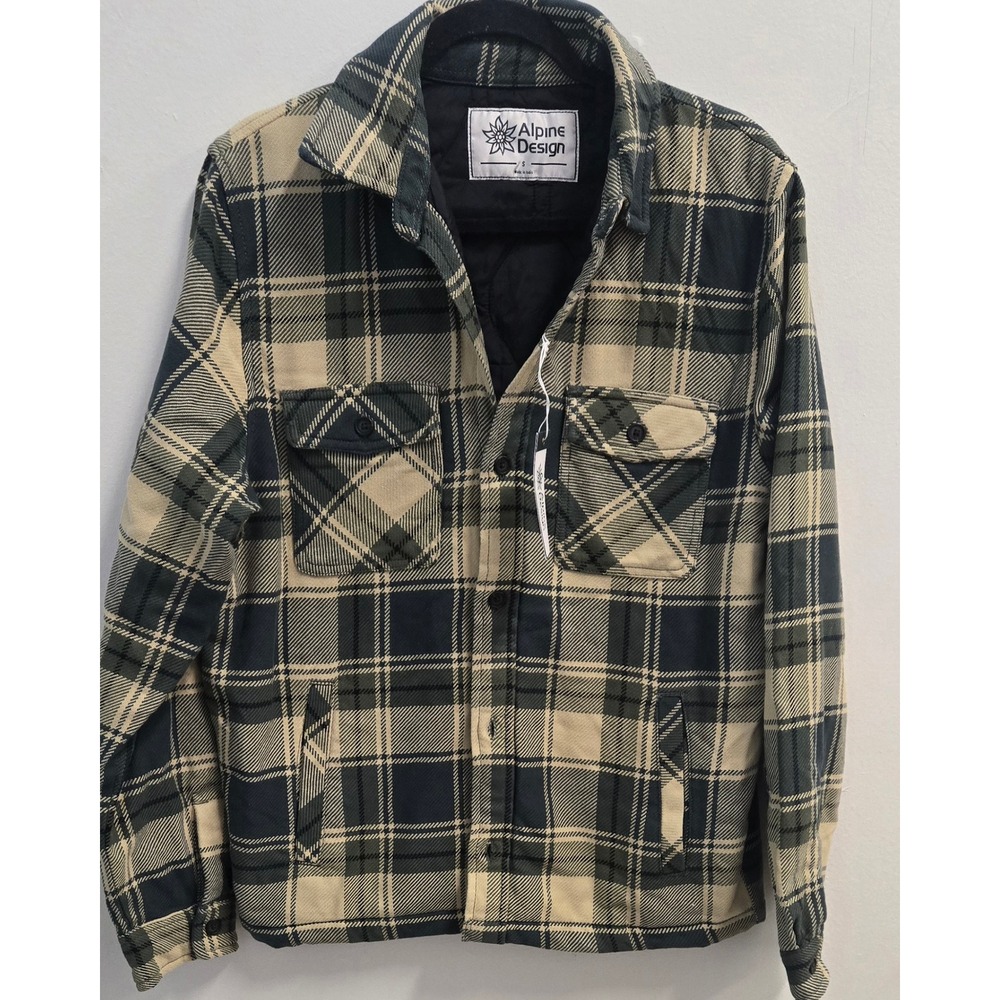 Alpine Design Mens Plaid Quilted Lined Insulated Shirt Jacket Green Tan Small